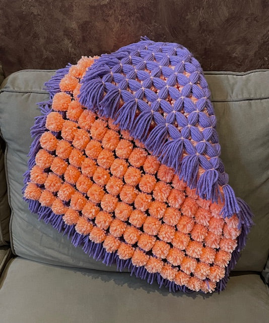 Coral and Purple Pom Pom Blanket