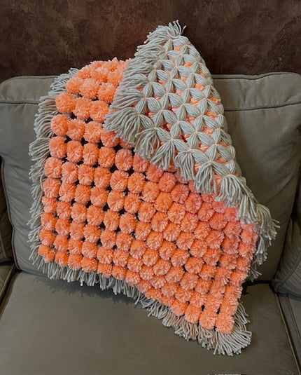Coral and Taupe Pom Pom Blanket
