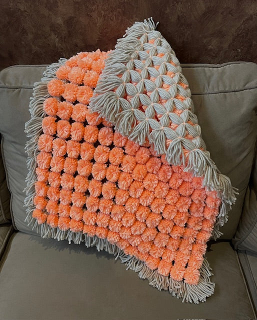 Coral and Taupe Pom Pom Blanket