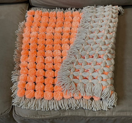 Coral and Taupe Pom Pom Blanket