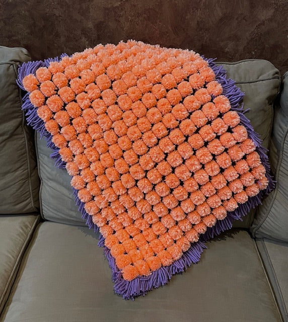 Coral and Purple Pom Pom Blanket
